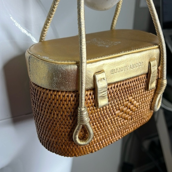Elliot Lucca Tightly Woven Straw and Gold Leather Small Structured Basket Bag - Picture 6 of 10